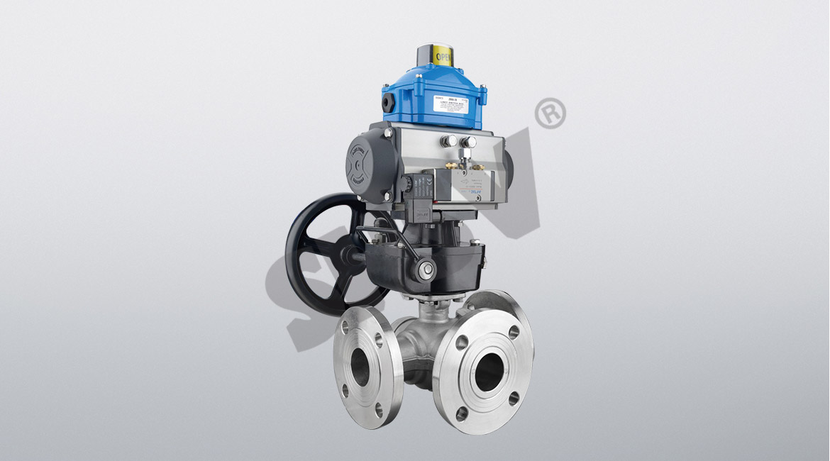 Pneumatic three-way ball valve